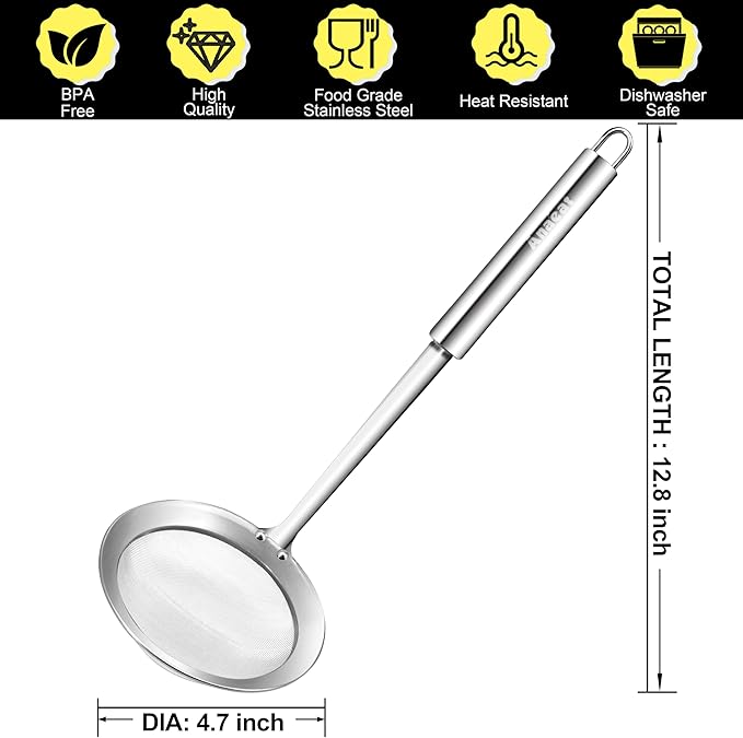 Anaeat 4.7" Stainless Steel Fat Skimmer Spoon - Professional Kitchen Fine Mesh Food Strainer and Hot Pot Skimmer with Long Handle for Skimming, Cooking, Frying, Grease, Gravy and Foam