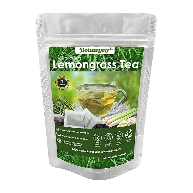 BOTAMONY 75 Premium Lemongrass Tea Bags 1.5g/Bag, 100% Natural Zacate de Limon, Caffeine-Free Herbal Tea for Daily Enjoyment, Refreshing Citrus-Mint Aroma & Smooth Flavor, Non-GMO & Vegan