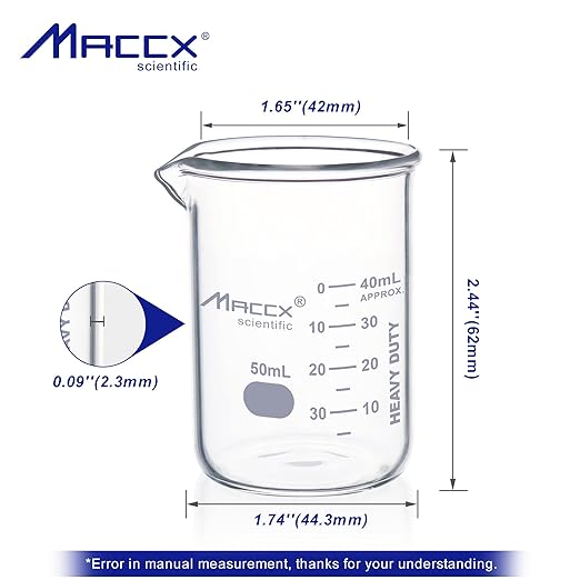 1.7oz(50ml) New Upgraded Glass Beakers, Heavy Duty Lab Beaker Set, 3.3 Borosilicate with Double Scale, Pack of 10, HDBK50-010