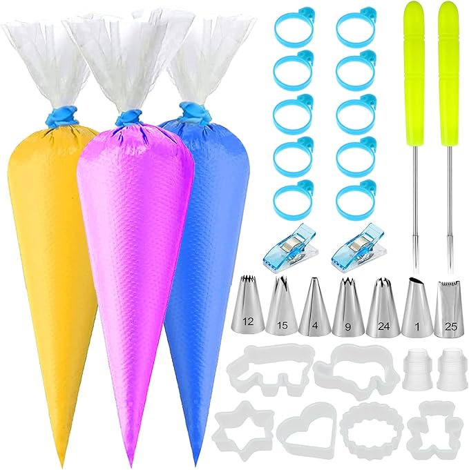 129Pcs Tipless Piping Bags Set - 100 12Inch Disposable Pastry Bags for Royal Icing Decorating - Cake Baking Tools Kit with 7 Frosting Tips, 10 Bags Ties, 2 Scriber Needle,6 Cookie Cutters