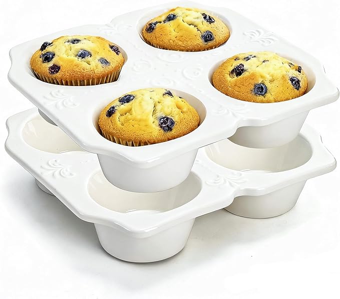 Hiceeden 2 Pack 4-Cup Ceramic Muffin Pan, Nonstick Muffin Tin with Handle, Ceramic Cupcake Baking Pans with Embossed Pattern for Muffin, Cupcake, White