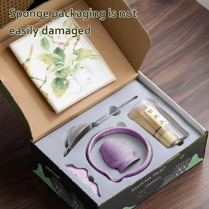 cjc 7-Pcs Matcha Whisk Set, Matcha Sets - Matcha Bowl with Spout, Bamboo Whisk and Holder, Scoop, Sifter ect.– Complete Gift for Matcha Lovers, Japanese Tea Ceremony（Pruple）