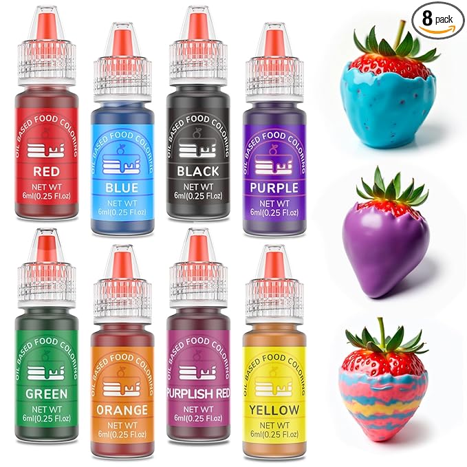 Oil Based Food Coloring for Chocolate 8 Colors Oil Edible Food Dye Set for Sugar Candy Melts Oil Royal Icing Dye for Backing Cookies Fondant Food Grade Color for Cake Decorating - 0.25 Fl. Oz/Bottles