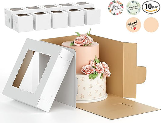 10Pcs Corrugated Cake Boxes in 2 Sizes - 12x12x12 & 10x10x10 Inch Tall Cake Box with Window, Thick Bakery Dessert Boxes, Disposable Cardboard Cake Carrier for Layer Cakes, Birthday, Wedding, Party