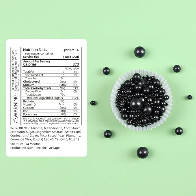Cobakey Black Sprinkles for Cake Decorations 3.52 ounce Pearl Sugar Sprinkles for Cupcake Toppers Wedding Party Valentines Halloween Christmas Supplies