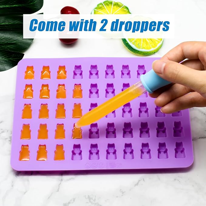 5 PCS Gummy Candy Molds Silicone, Food Grade Non-Stick Gummy Bear Mold Mini Fruit Snacks Molds BPA Free with 2 Droppers Including Mini Dinosaur, Bear, Heart, Fruit and Donut (Multicolor)