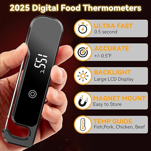 Meat Thermometer Digital with Backlight Large Display, IP67 Waterproof Instant Read Food Thermometer for Cooking, Candy, Kitchen, BBQ, Essential Kitchen Accessories with Compact Foldable Design