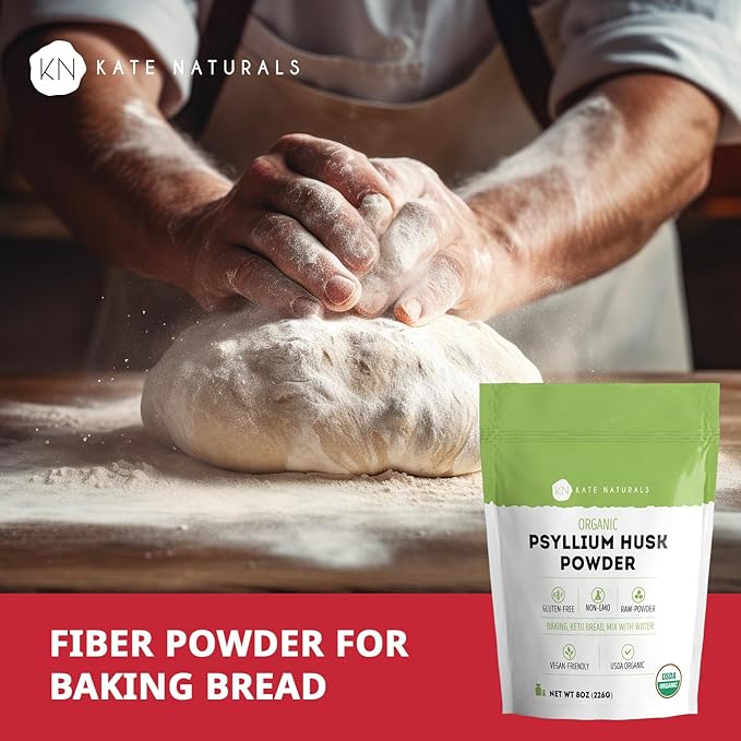 Kate Naturals Psyllium Husk Powder for Fiber, Digestion & Baking Bread. Mixes Easily with Juice & Smoothies (8oz, Organic, Gluten Free, Fine Ground)