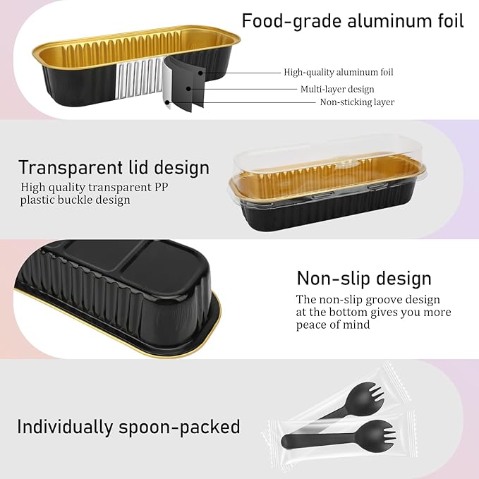 OcePor 100 Pack Mini Loaf Pans With Lids，Mini Cake Pans With Lids and Spoons，6.8oz Bread Loaf Pans Disposable，Small Aluminum Cake Tins,Baking Pans Individual (Black&Gold)