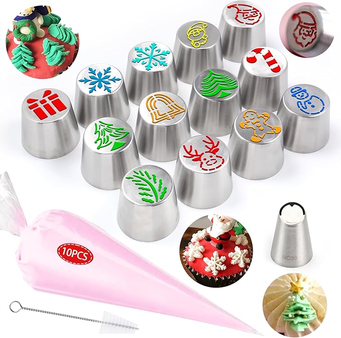 25 Pieces Stainless Steel Extra Large Christmas Piping Tips Set,13 Christmas Frosting Icing Tips with 10 Disposable Pastry Bags,1 Small Russian Tip,1 Cleaning Brush for Cake Decorations