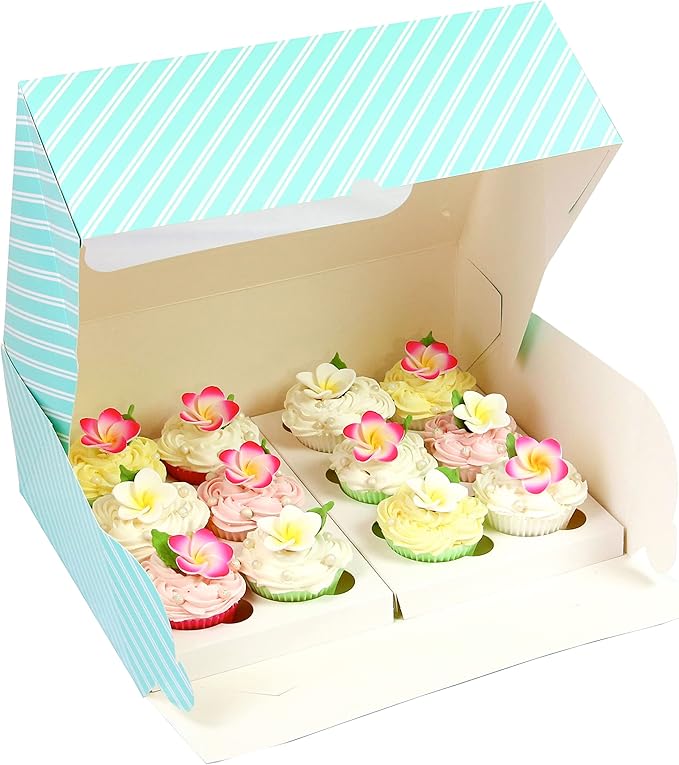 Global Sugar Art Auto-Popup Quarter Sheet Cake & 12 Cupcake Box with Window and Cupcake Inserts, Designer Blue Stripe 14 x 10 x 4 Inches, 5 Count