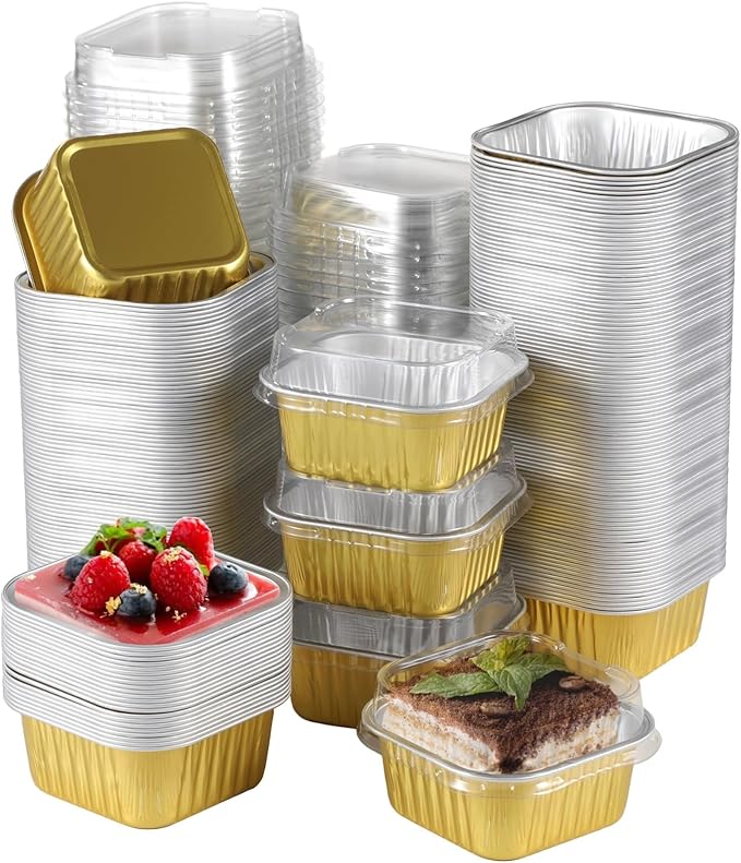 200Pcs Mini Cake Pans, 5 oz Small Cake Containers with Lids, Aluminum Foil Baking Cups, Golden Square Dessert Boxes, Cupcake Pans for Parties and Catering, Oven and Freezer Safe