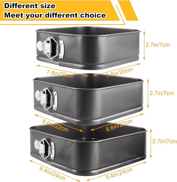 3PCS Square Springform Pan with Removable Bottom 8 inch/9 inch/10 inch Springform Cake Pan Non-stick Square Bakeware for Cake, Cheesecakes, Pizza, and Quiches