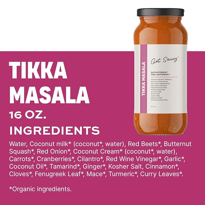 Get Saucy Tikka Masala Sauce - Gluten-Free, Dairy-Free, Corn-Free, Seed Oil-Free, Refined Sugar-Free, Nightshade-Free, Organic, Non-GMO, Preservative-Free, Healthy & Easy Meal (1 Pack, 16oz)