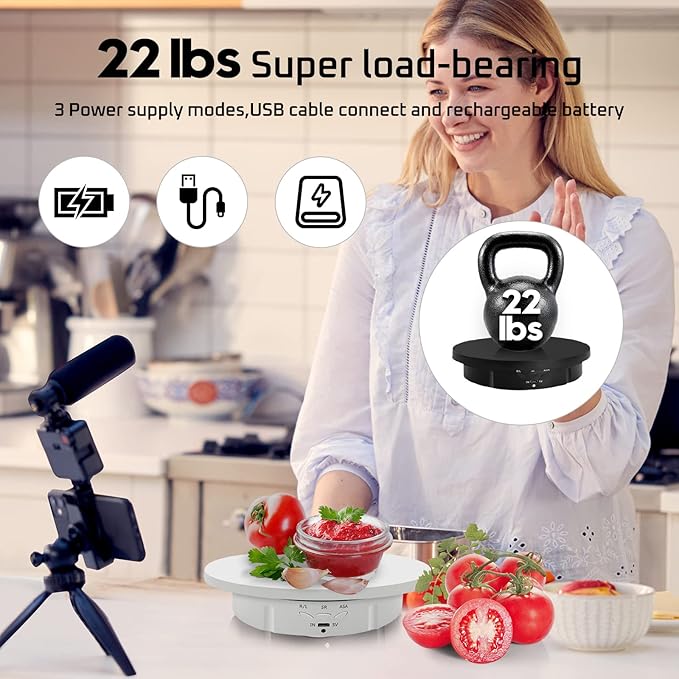 JAYEGT 3in 1 Motorized Rotating Display Stand with 5.74/7.08/8.66 inch Replacement Cover，Max 22lbs Load, 360 Electronic Turntable for Photography Products (3 in1 / White/with Remote Controller)