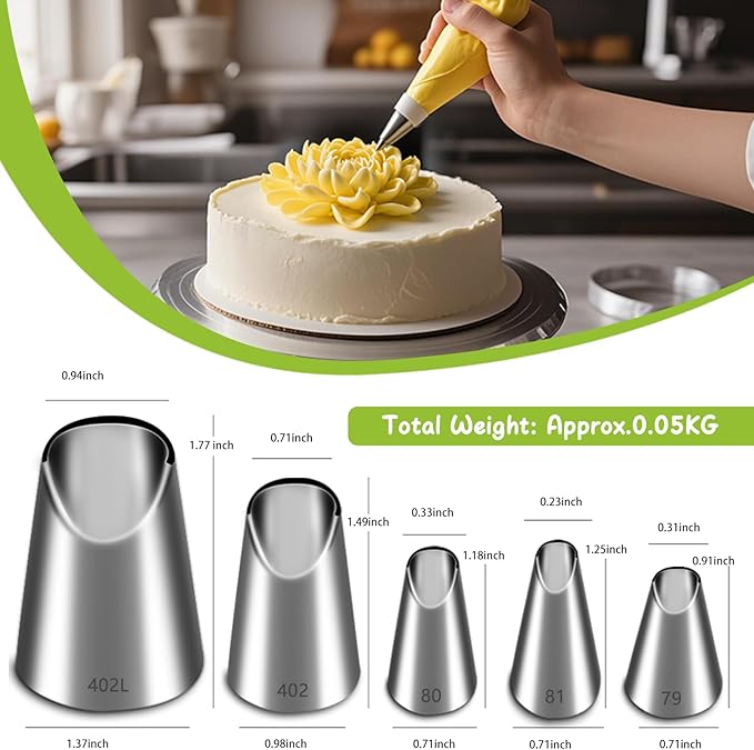 Suuker 5 Pieces Rose Flower Piping Tips Set,Stainless Steel Cake Decorating Tips, Frosting Icing Tips for Cupcakes, Cake, Cookie and Decorating（402L 402 79 80 81）