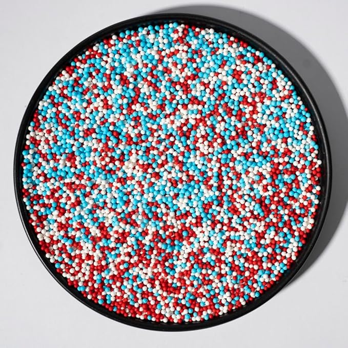 Nonpareils Sprinkles, White Edible Pearl Sprinkles for Cake Decorations, Baking, Ice Cream, Cookies, Cupcake Topper Edible Pearls Sprinkles - 2mm Matte White Sugar Pearls for Cake Decorating ( 130g/4.6oz )1 Bottle (2mm red blue)