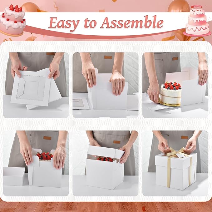 24Pcs 8x8x8 Inch Cake Boxes, 12pcs White Bakery Boxes with Window (12pcs Boards), Square Cake Carrier Container Disposable Pie Boxes Package for Bake Decorating Supplies