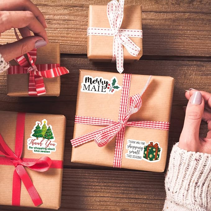 Wailozco 200 PCS Merry Mail Stickers,Cute Small Business Envelopes Stickers for Business Packages/Handmade Goods/Bags ,Christmas Theme Small Shop Business Stickers for Envelopes Seals