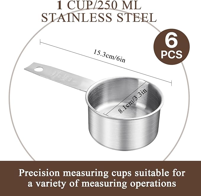 6 pcs 1 Cup Measuring Cup, Stainless Steel Measuring Cups, 250 ml | 240 cc | 8 oz | Engraved Marking Single Measuring Scoops, Metal Measuring Cup for Kitchen Baking & Cooking