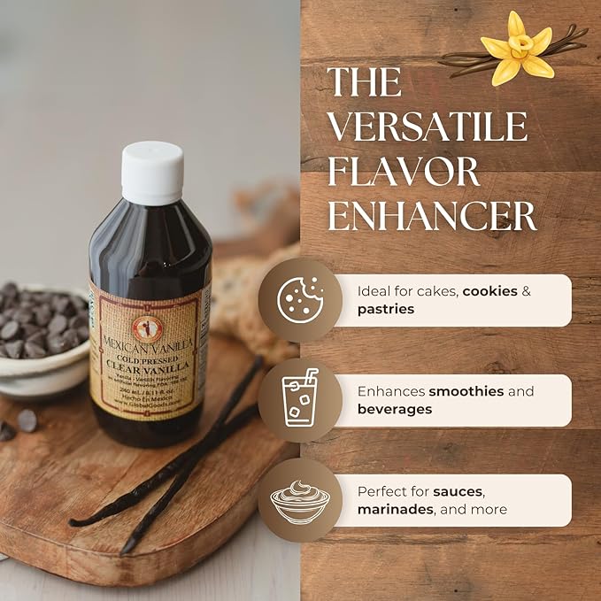 Pure Clear Mexican Vanilla Extract (8.12 fl oz) – Gluten-Free, Coumarin-Free Vanilla for Baking, Cakes, Cookies, Coffee & Desserts – Cold Pressed, Natural Vanilla