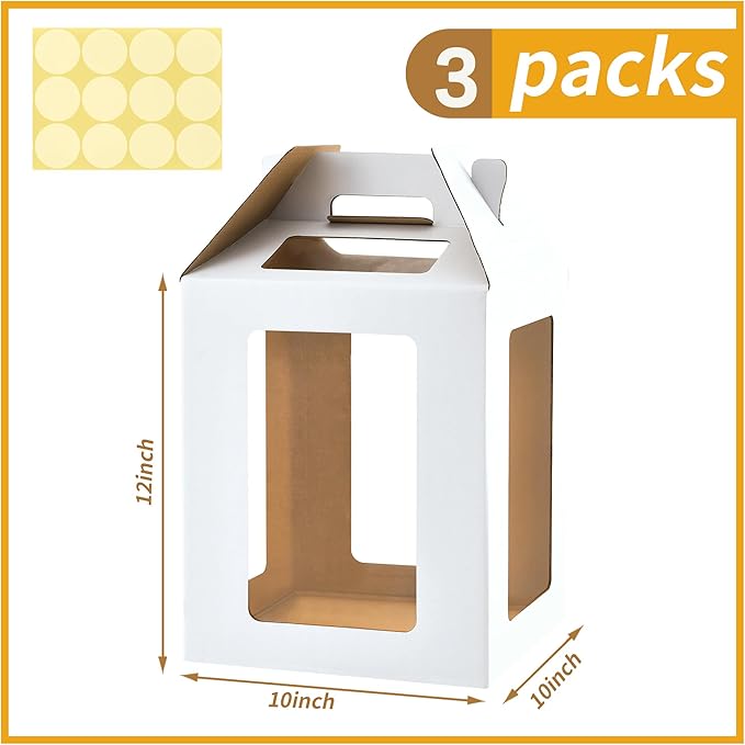 3 Pack Tall Cake Boxes for Tier Cakes,10x10x12 Inches Large Tiered Cake Carriers with Windows,8in 10in Disposable Layer Tall Baking boxes with Handle for Birthday,Wedding,Party