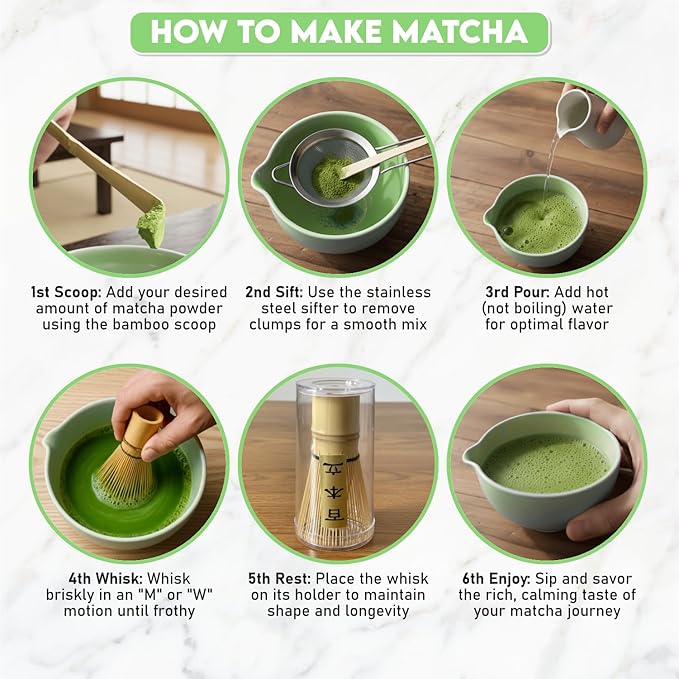 10 Pcs Matcha Kit Set, Ceramic Matcha Set Includes 17oz Matcha Bowl, Bamboo Whisk and Scoop, Whisk Holder, Sifter, Scoop holder, Measuring Cup, Powder Caddy, Tea Towel and Instruction Manual (Green)