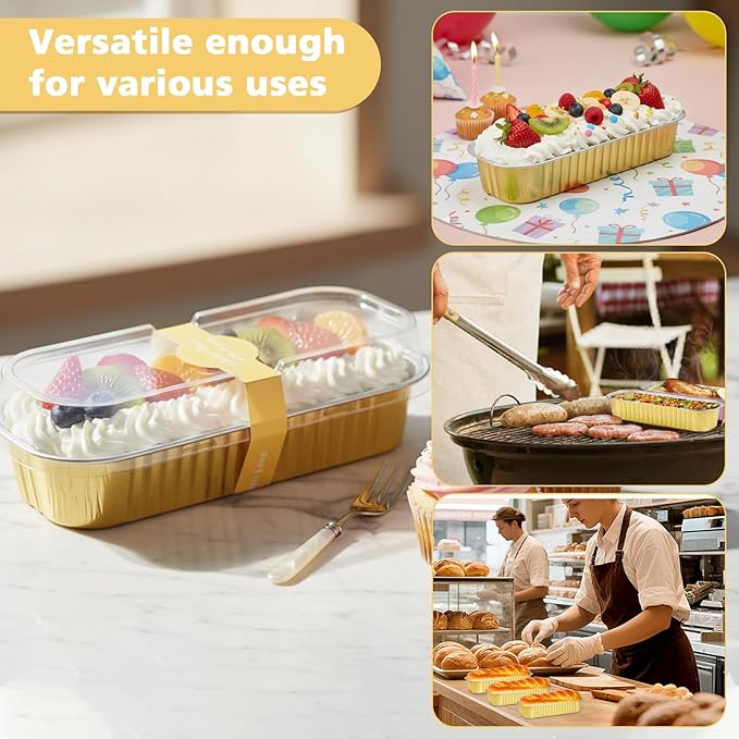 Ruckae 100 Pack Mini Loaf Pans with Lids and Spoons Disposable Aluminum Tin Foil Pans Rectangle Mini Loaf Cake Pan for Baking,Party,Picnics,Gifts (Gold)