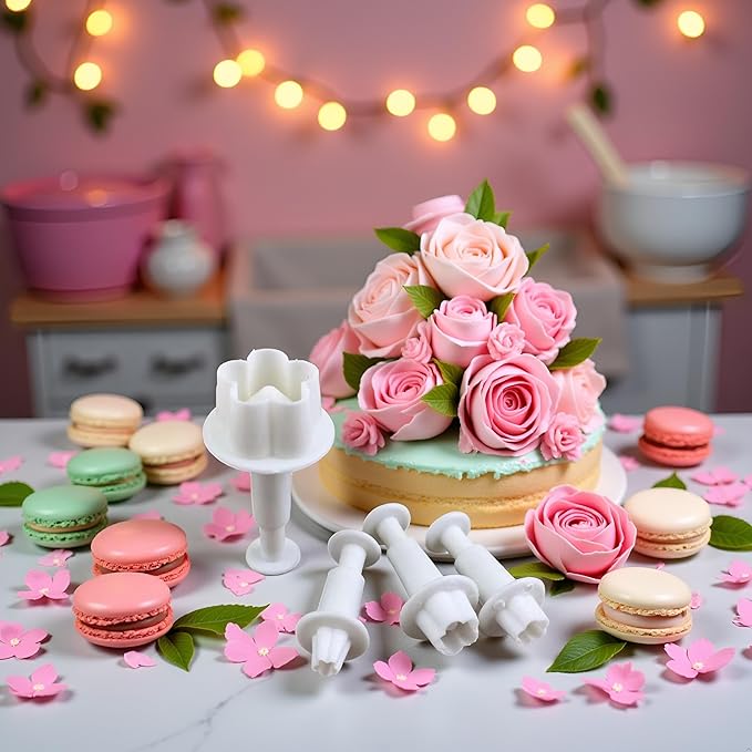 4Pcs White Flower Plunger Cookie Cutter DIY Blossom Flower Cake Fondant Mold Plastic Cake Decorating Tools Baking Accessories Cookie Cutters For Baking Plastic, Dessert and Candy Sculpting Tools