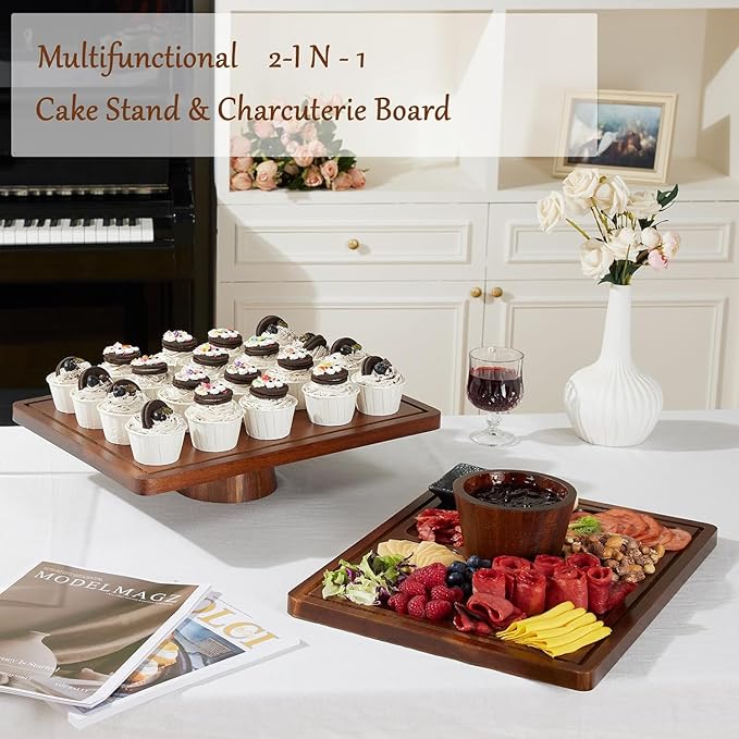 HouseJoy Acacia Wood Cake Stand with Lid-Extra Large 17" Rectangular Cake Holder，2-in-1 Dessert Table Display Set & Charcuterie Board，Acrylic Cake Dome Cover for Cheese/Veggie/Desert /Chips & Dip