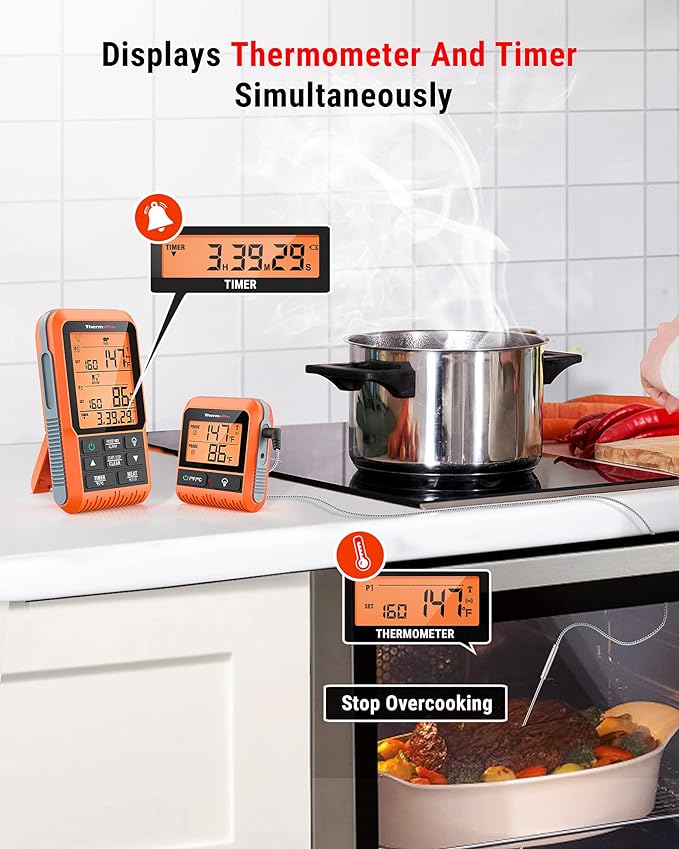 ThermoPro TP826 500FT Wireless Meat Thermometer, Dual Meat Probe Cooking Thermometer with HI/Low Alert, Food Grill Temperautre probe, Outdoor Fryer Accessories for BBQ, Smoker, Oven, Grilling Gift