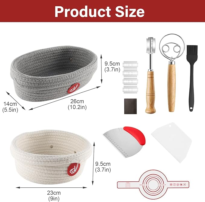 Sourdough Starter Kit,Sourdough Bread Baking Supplies with 2 pack Cotton Rope banneton bread proofing basket with handle,Baking Accessories,Sour Dough Tools,Baking Mat Dough Scraper & More