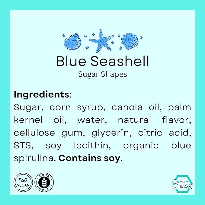 15 Dye Free Seashell Edible Cake Decorations, Vegan, Gluten-Free, Edible Cake Toppers for Cupcakes, Cookies & Desserts, by Simply Sucré (45 Pieces (Bulk Box), Blue)