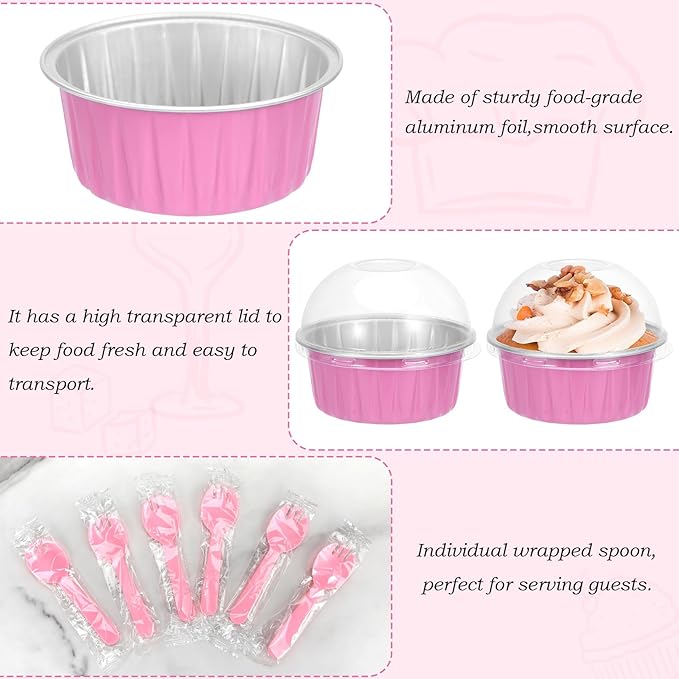 Mini Cake Pans with Lids and Spoons (100 Pack,Pink,5oz) Round Disposable Ramekins - Sturdy Aluminum Foil Cupcake Liners with Lids for Dessert and Party