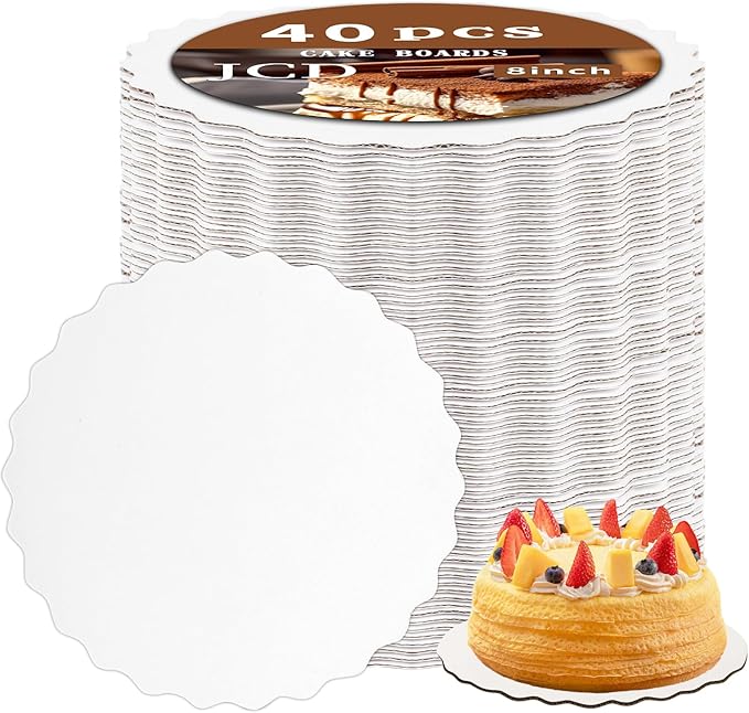 JCD 40pcs White Wave Cake Boards,8inch Wave Circles Rounds Base, Food-Grade Cardboard Wave Cake Plate-Thinner But Stronger (White Wave, 8inch/40Pcs)