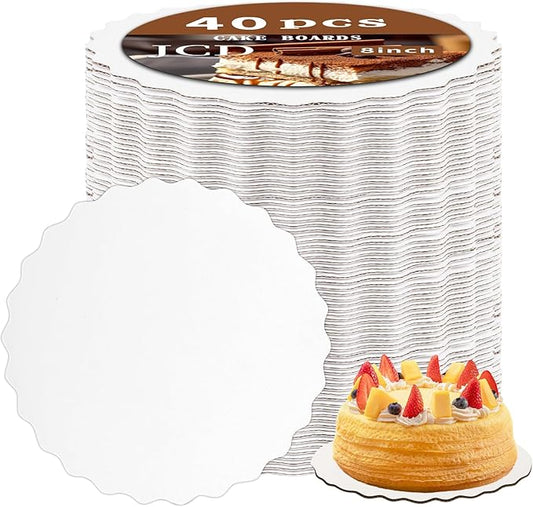 JCD 40pcs White Wave Cake Boards,8inch Wave Circles Rounds Base, Food-Grade Cardboard Wave Cake Plate-Thinner But Stronger (White Wave, 8inch/40Pcs)