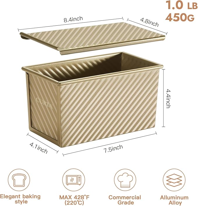 CURTA Pullman Loaf Pan with Lid 1 lb Dough Capacity Non-Stick Bakeware for Baking Bread, Corrugated sourdough bread pan, Champagne Gold 1pcs