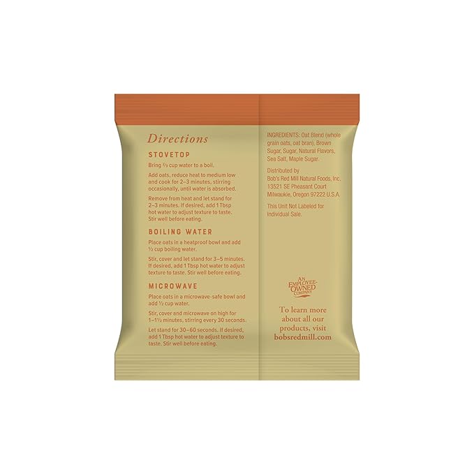 Bob's Red Mill Instant Oatmeal, Maple Brown Sugar, 6 Packets Total, Non-GMO, Gluten Free, Whole Grain