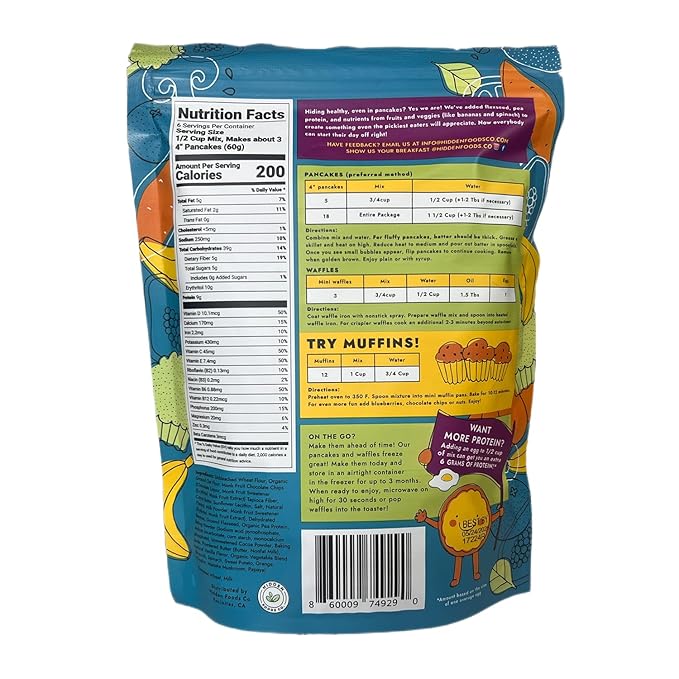 Hidden Foods Chocolate Pancake Mix with Monk Fruit – Chocolate Chip Pancakes Perfect Breakfast - Fiber and Protein Choco Pancake Mix with Wheat & Oat Flour Blend of Vegetables - Waffle Mix 2 Pack