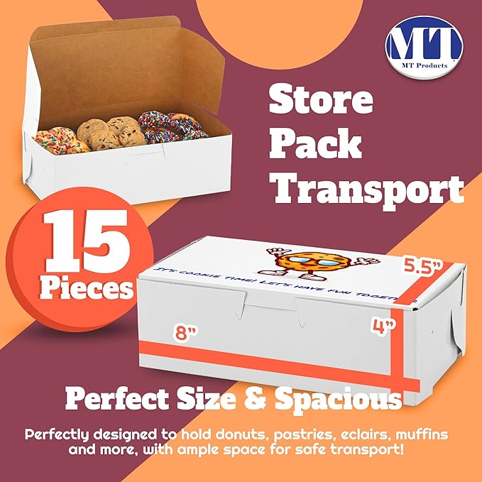 MT Products Custom Printed Bakery Boxes - 8" x 5.5" x 4" White Customizable Donut and Cupcake Boxes with Logo (Pack of 15) - Made in the USA