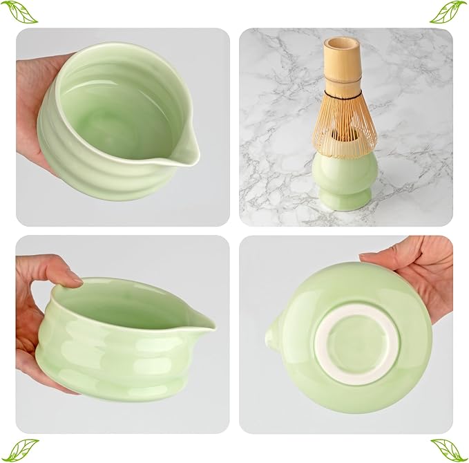 Matcha Whisk Set- Matcha Set includes Matcha Whisk and Bowl with Spout, Sifter, Holder and Scoop- The Perfect Bamboo Whisk for Matcha Tea (Green)