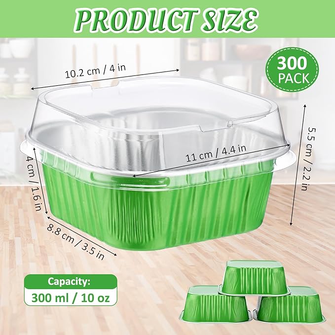 Aoriher 300 Pieces 10 oz Mini Cake Pans with Lids, Aluminum Foil Baking Cups, Square Disposable Cupcake Cups Baking Tins for Wedding Birthday Party Supplies(Green)
