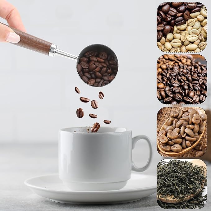 Vintage Coffee Measuring Spoon with Long Wooden Handle 10g / 30ml Capacity Metal Tablespoon Stainless Steel Coffee Scoop Kitchen Utensil Spoon for Coffees Tea Bath Salts