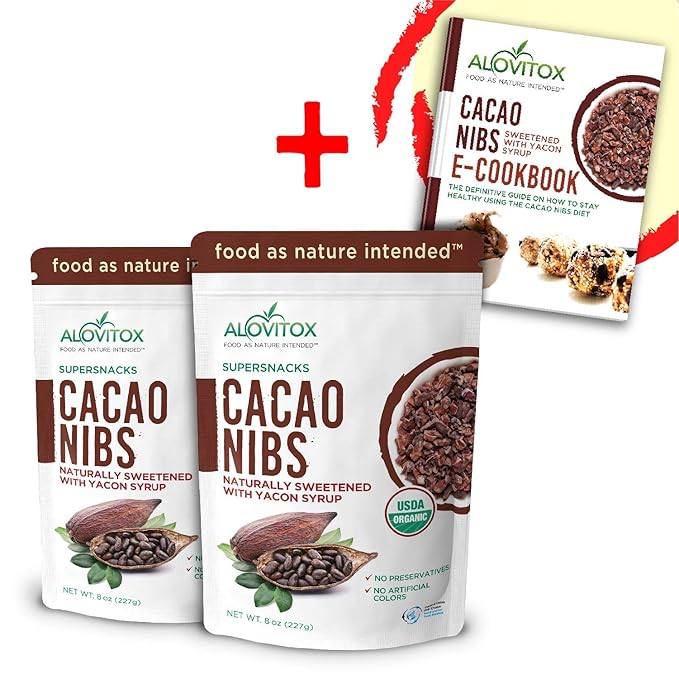 Cacao Nibs Naturally Sweetened with Yacon Syrup | Raw Organic, Sugar Free, Keto, Paleo and Vegan Friendly | Antioxidant and Protein Rich Criollo Chocolate Snack by Alovitox | 16 oz (2 x 8 oz)