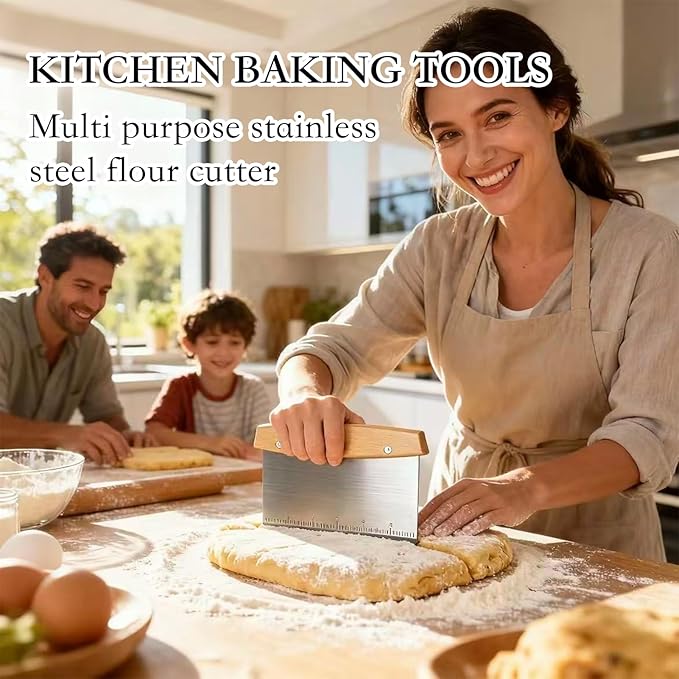 Bench Scraper with Scale, Stainless Steel Dough Cutter and Pizza Cutter, Multipurpose Kitchen Tool for Baking and Cooking, Professional Pastry Scraper for Bread Dough and Pizza