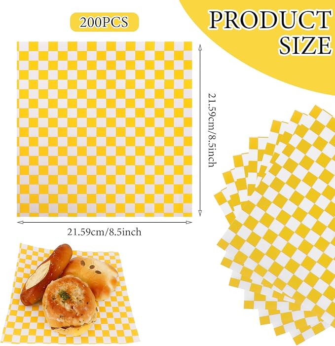 200 Pcs Wax Paper Sheets for Food Deli Wrap Paper Sheets 8.5x8.5"Food Basket Liners Checkered Square Sandwich Wraps for Burgers Bread Restaurant Barbecue Picnic(Yellow)