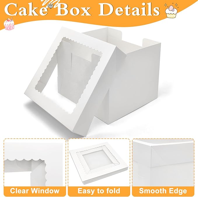 3 Pack Cake Boxes(10x10x8 Inches),White Bakery Boxes with Window,cardboard cake boxes,Cake Boards Decorating Supplies for Birthday,Mother's Day,Wedding,Party,Gift Giving,Cake Box 10 inch