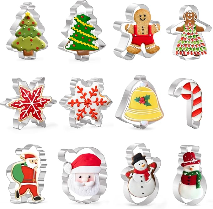 Christmas Cookie Cutters Set, 12 PCS Stainless Steel Holiday Cookie Molds - Santa Claus, Snowman, Snowflake, Christmas Tree, Gingerbread Man, Bell Shapes for Baking