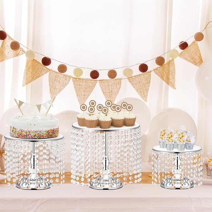 12 Pieces Silver Cake Stand Set, Vintage Cake Display Stand with Crystal Edge and Cupcake Display Tray, Dessert Table Display Set for Wedding Party Baby Shower Anniversary Celebration