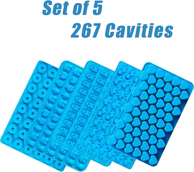 5 PCS Gummy Candy Molds Silicone, Food Grade Non-Stick Gummy Bear Mold Mini Fruit Snacks Molds BPA Free with 2 Droppers Including Mini Dinosaur, Bear, Heart, Fruit and Donut (Blue)